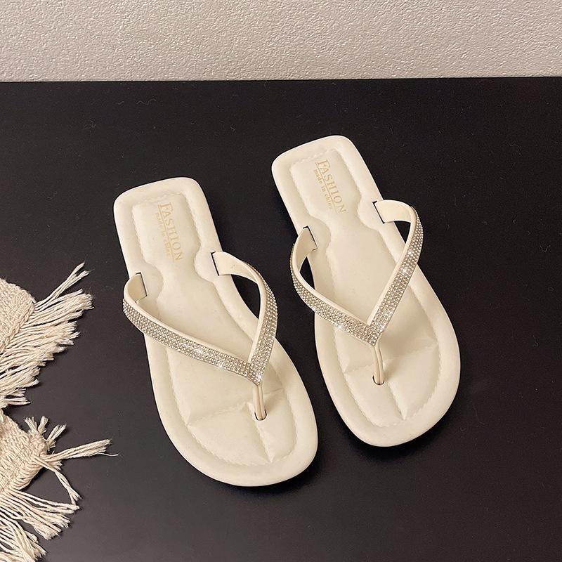 Summer French niche rhinestone minimalist flip-flops soft and comfortable flat-bottomed slippers outside casual beach sandals