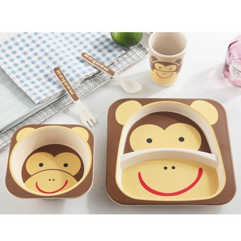 5 Pcs/Set Baby Dish Tableware Set Natural Bamboo Fiber Bowl with Cup Spoon Plate Fork Feeding Dishes