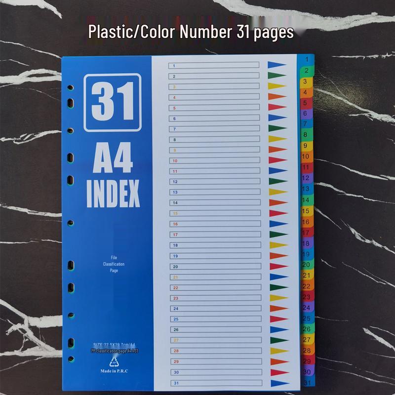 Set de separadores A4 de hojas sueltas: 12 Páginas de Índice Mensual, 50 Páginas Etiquetadas, 31 Páginas de Clasificación por Letra de Colores, Perforadas para 11 Agujeros.
