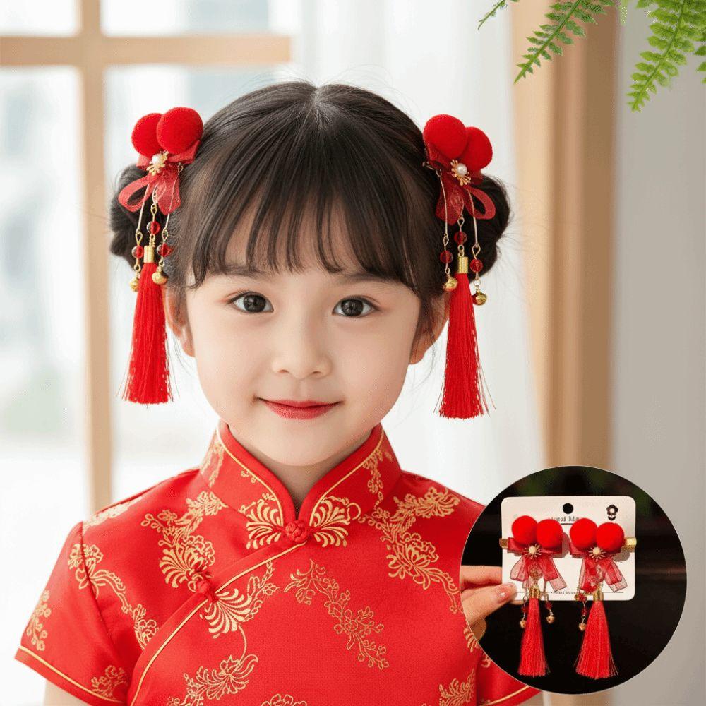 1 Pair Flower Hanfu Red Hair Clips Pearl Bow Tassel Hairpin New Year Headwear  Children