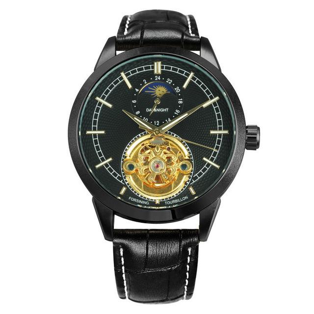 Forsining Men's Fashion Casual Hollow Moon Phase Carved Hollow Automatic Mechanical Watch GMT1177-2-A