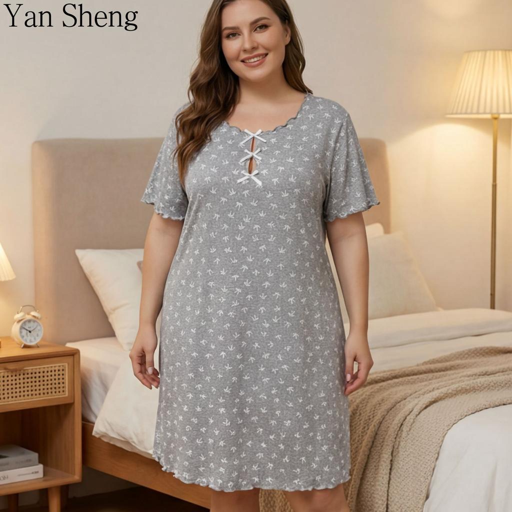 Women Plus Size Nightgown Knit Print Short Loose Loungewear Sleep Dress Casual Home Wear