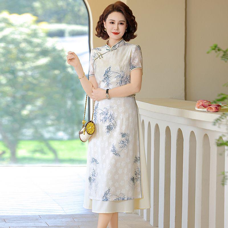 Mid-length Summer Printed Cheongsam for Middle-aged Women