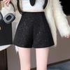 Sparkling High-Waisted Wool A-Line Shorts, Women's 2025 Autumn/Winter Korean Style, Slimming Wide-Leg Bootcut
