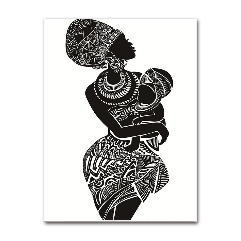 White Wall Picture Poster Print Home Decor Beautiful African Woman With Baby Bedroom Art Canvas Painting Black and 21X30CMNo Framed