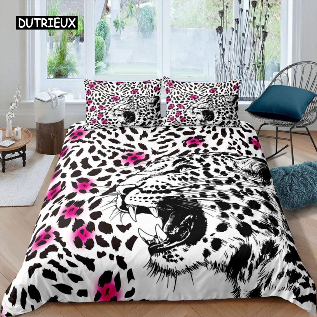 Leopard Comforter Cover King Queen Full Cheetah Bedding Set African Savanna Animal Duvet Cover Rose Flower Polyester Quilt Cover