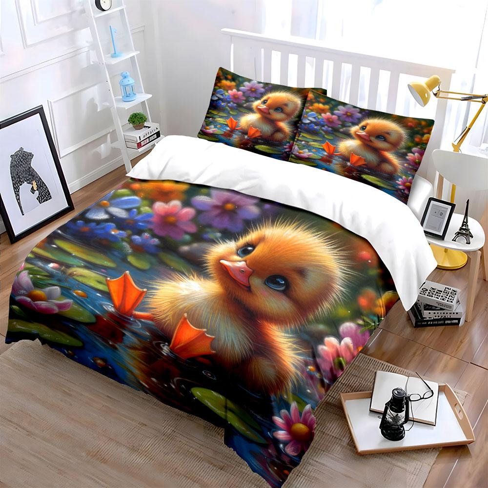 Cute Duckling In Flower Pond Print Soft Comfortable Duvet Cover Bedding Set Included 1*Duvet Cover 2*Pillowcases Luxury Gift