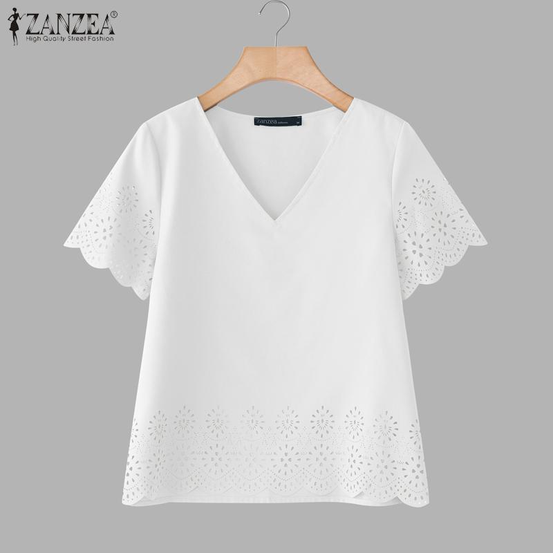 ZANZEA Women Casual V-Neck Summer Loose Short Sleeve Blouse