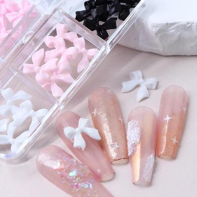 Kawaii 3D Yay Tırnak Takılar Beyaz Pembe Siyah Reçine Taklidi Tırnak Sanat Dekorasyon Kore DIY Manikür Malzemeleri