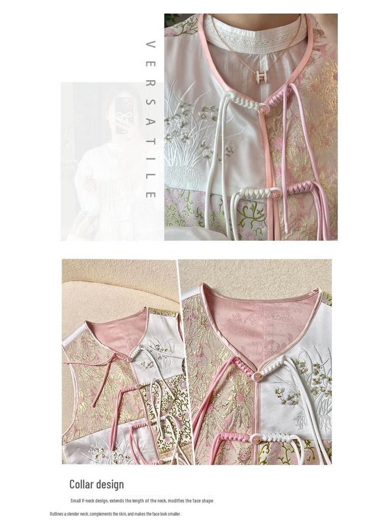 Damenweste im nationalen Stil aus Jacquard-Satin mit Froschverschluss und Freesienstickerei.