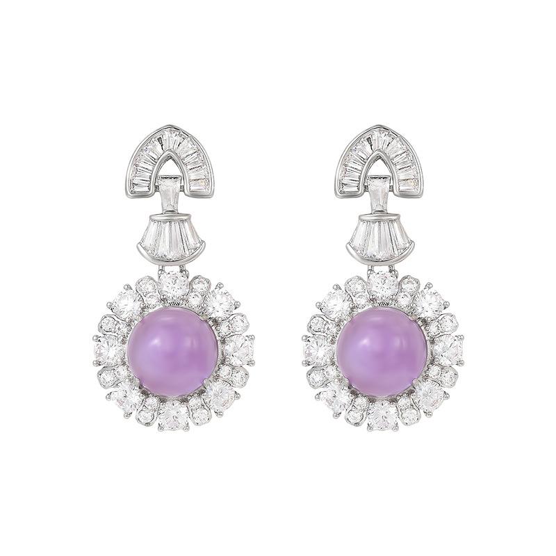 Elegant Ice Purple Egg-Shaped Earrings with Stepped Diamond Inlays