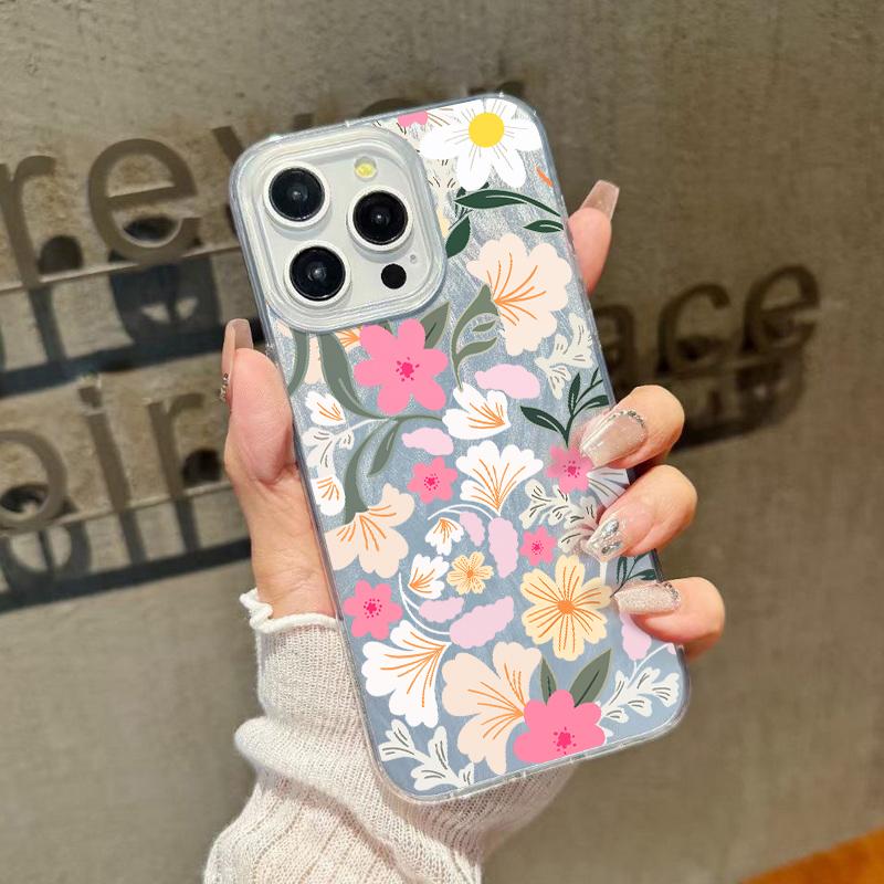 Simple Flower Pattern Luxury Glitter Case For iPhone 16 Pro Max 15 Pro 14 13 12 11 Slim Glossy Shockproof Hybrid PC TPU Clear Phone Cover