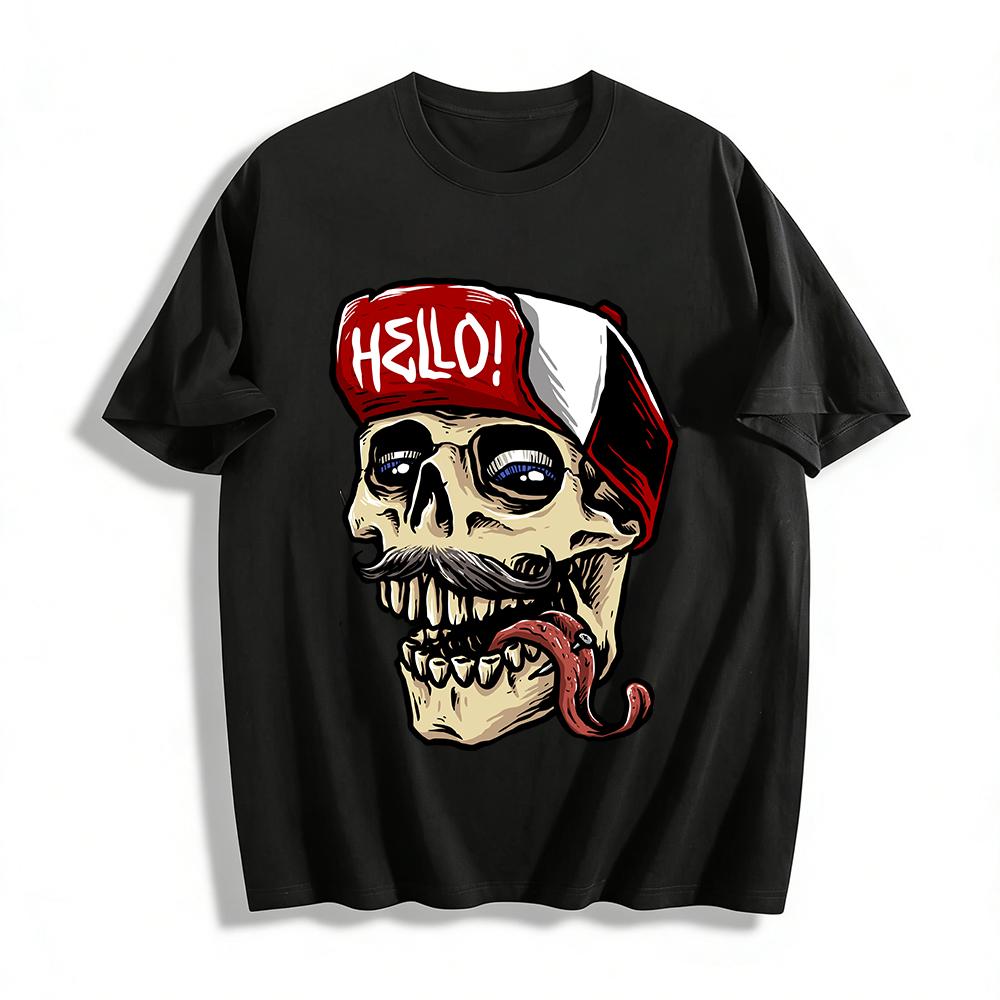 

Hello Skull Print Trendy Casual Unisex Short Sleeve T-Shirt Pure cotton T-shirt 6XL