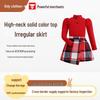 Children's Solid Color High Neck Ribbed Top & Irregular Plaid Skirt Set