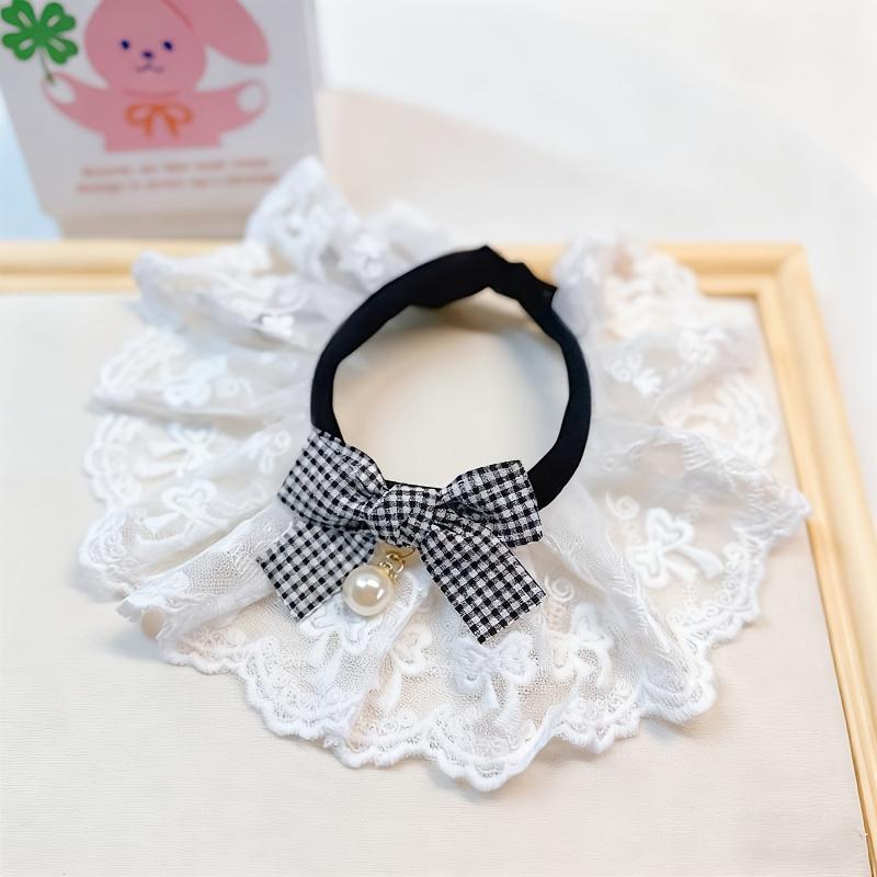 Pearl Bow Lace Pet Scarf, Checkered Adjustable Collar for Cats & Dogs, Party Photo Accessory