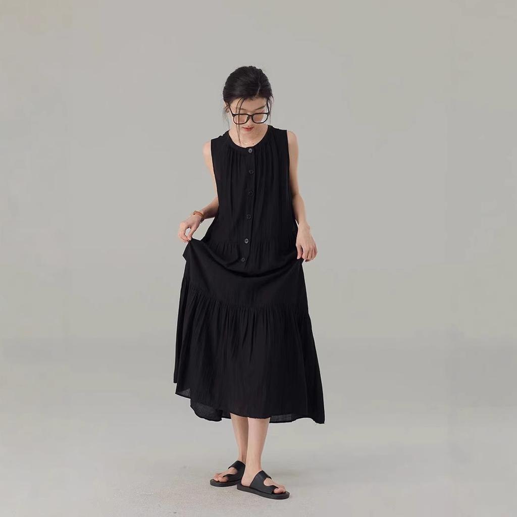 Black Lazy Wind Vest Skirt Women's 2025 Summer New Round Neck Sleeveless Loose A-word Skirt Casual Long Dress