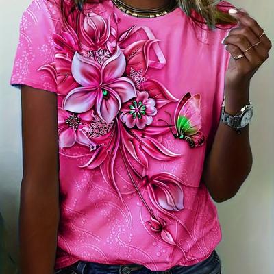 T-shirt à manches courtes pour femme, imprimé fleur et papillon, surdimensionné, populaire, été