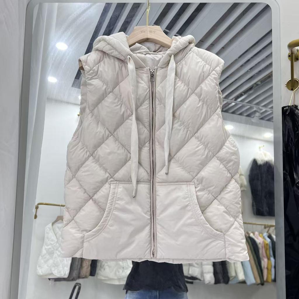 Autumn and Winter Duck Down European Version New Solid Color Versatile Big Pocket Vest Hooded Down Vest Women