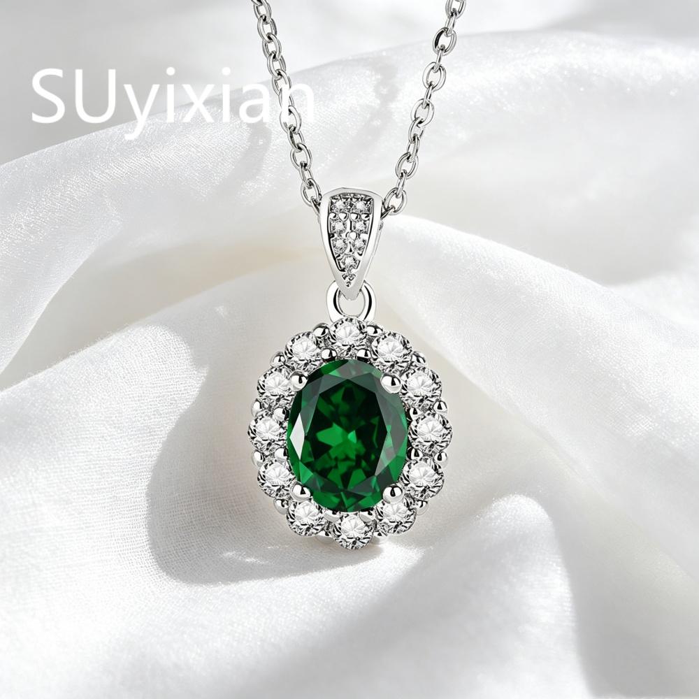 925 Sterling Silver Fashion Green Zircon Ring Pendant Necklace Earrings 3-piece Set Birthday Anniversary Gift Ladies Jewelry
