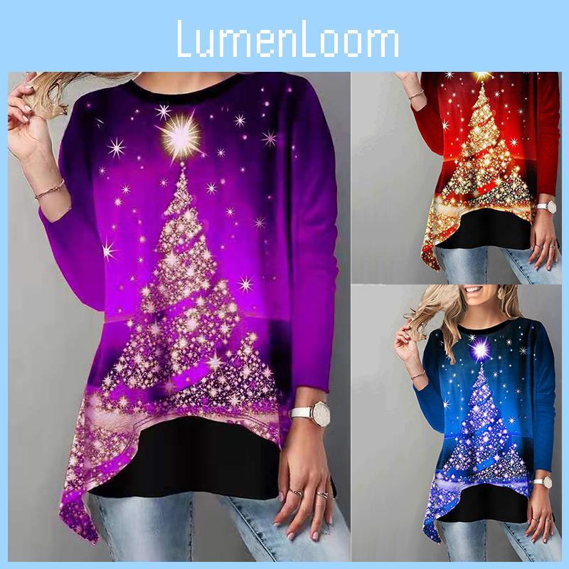 Damen Weihnachtsbaum Tops Gemütlich Langarm Lässig Weihnachten Pullover T-Shirt Bluse