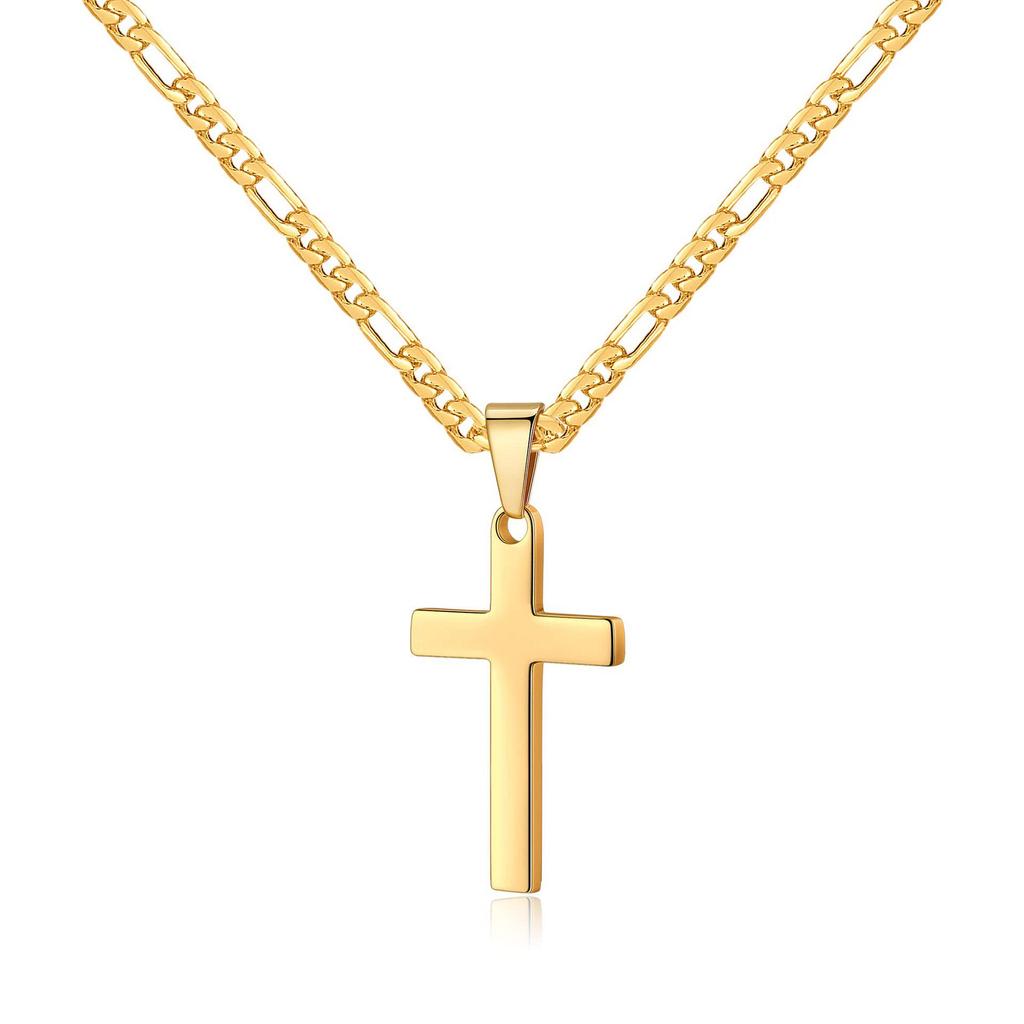 18k Gold Stainless Steel Men's Figaro Chain Necklace with Black, Silver, and Gold Cross Pendants