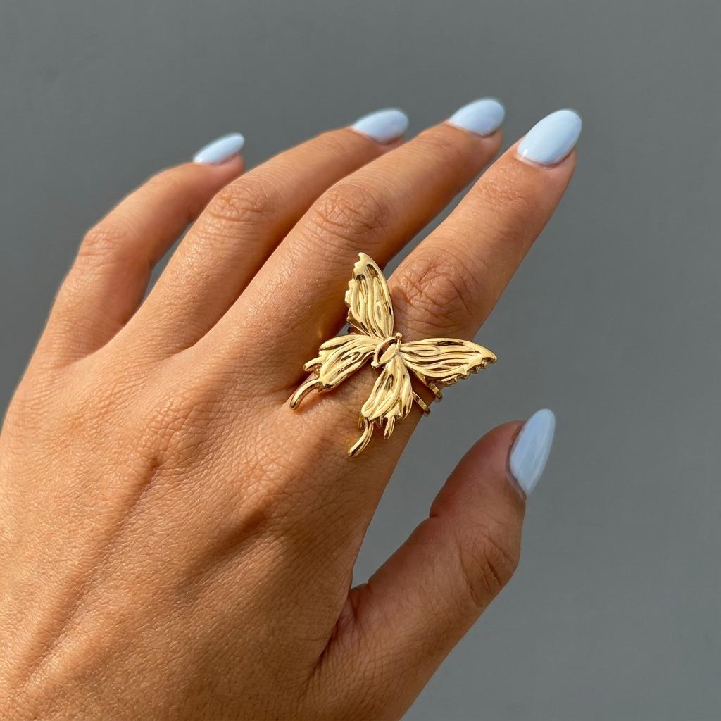Stainless Steel Gold Plated Rings For Women Hammered Textured Love Heart Butterfly Irregular Wide Open Finger Ring Boho Jewelry