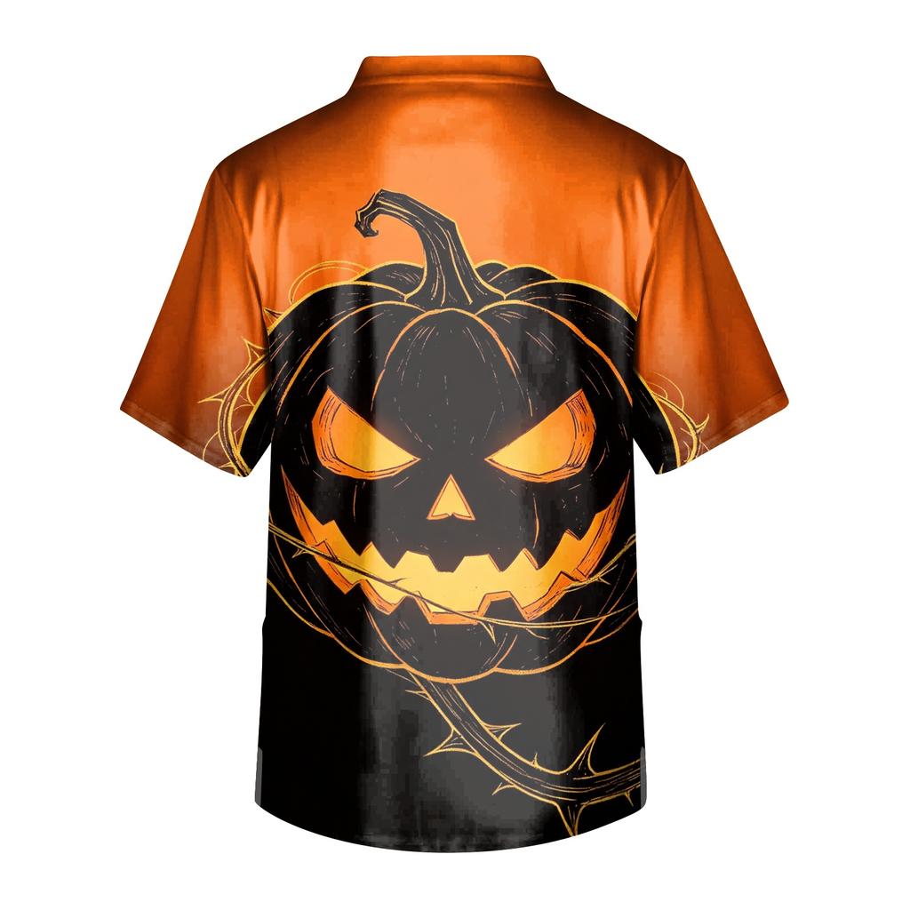 Men's Halloween Print V-Neck Short Sleeve Pocket Scrub Top for Caregiver Uniform
