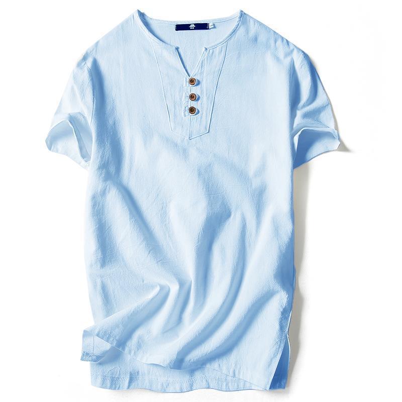 Men's Chinese-Style V-Neck Linen T-Shirt - Short-Sleeved, Solid Color, Summer Cotton Blend