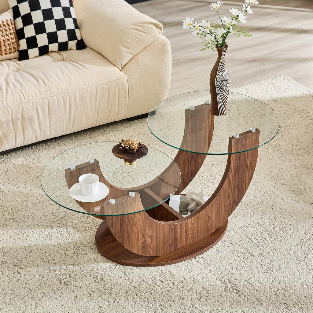 Modern Coffee Table, 2 Tempered Glass Tops, MDF Frame with Storage, Glass Coffee Table for Living Room, Walnut Look