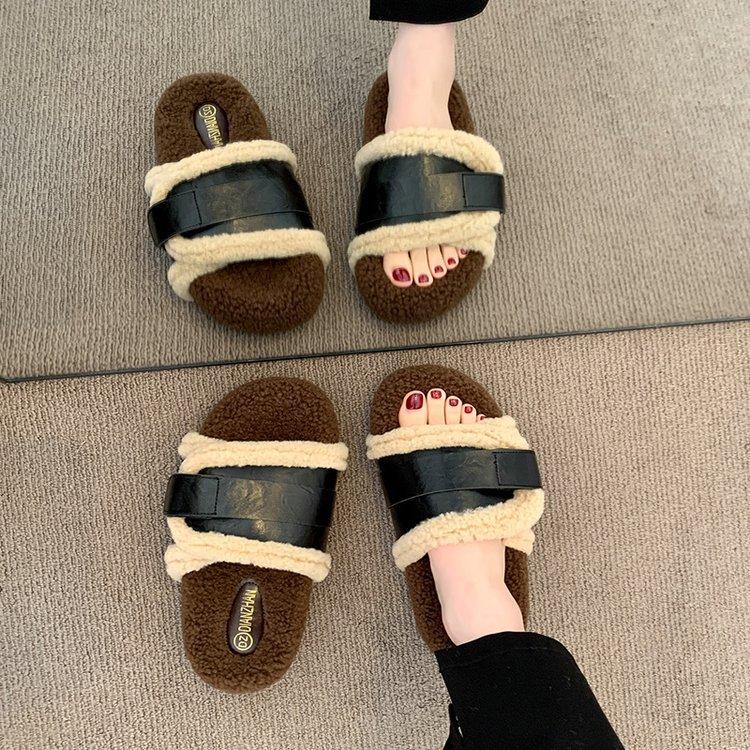 Premium thick-soled fluffy slippers women's 2025 autumn wear French retro casual flat-bottomed velvet half-drag cotton shoes