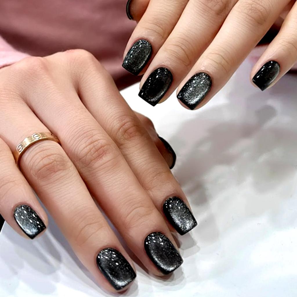 24 Pcs Short Square Full Cover Gradient Shiny Powder False Nails Detachable Finished Press On Fake Nails
