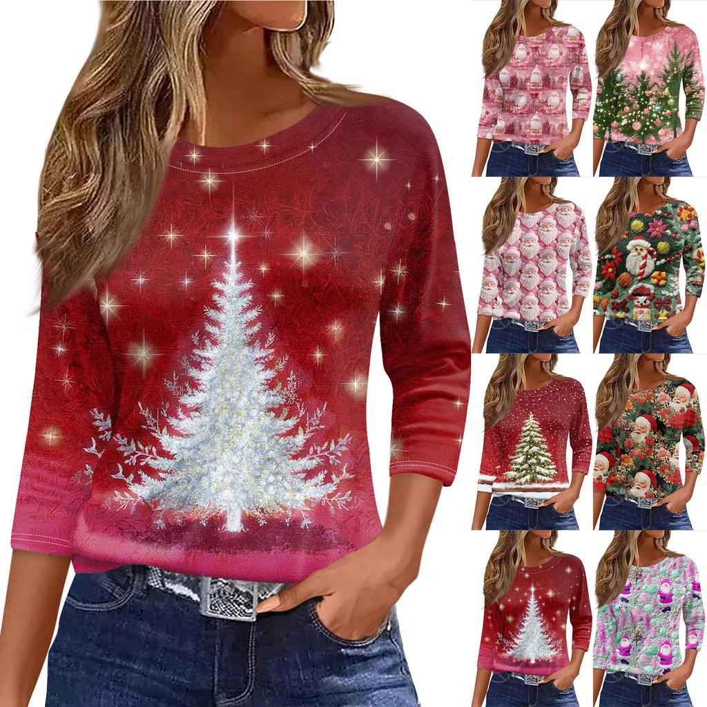Women's Fashionable Casual Three Quarter Sleeve Christmas Printed Round Neck Top
