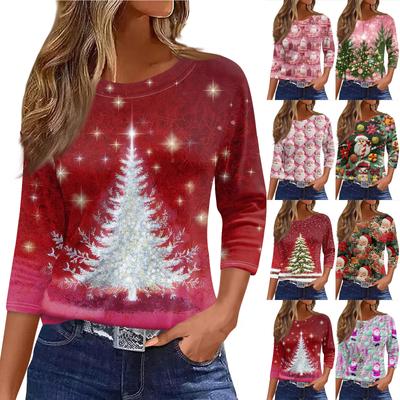 Women's Fashionable Casual Three Quarter Sleeve Christmas Printed Round Neck Top