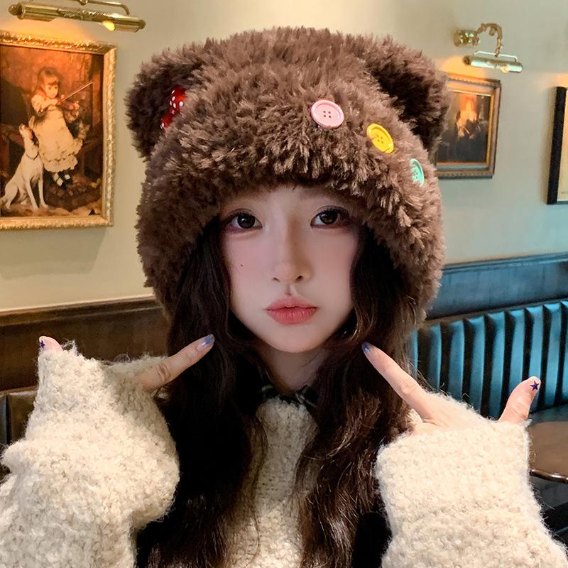 Cute Button Bear Ear Plush Knitted Hat for Women Warm and Ear Protecting Woolen Hat and Headscarf for Autumn and Winter
