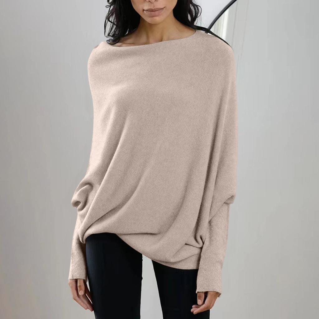 Damen Langarmshirt mit Rundhalsausschnitt, Tunika-Oberteile, Herbst, Baggy, Slouchy-Pullover, schulterfrei