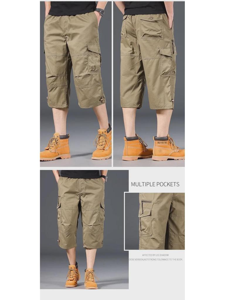 Shorts Casuais de Verão Masculinos de Corte Solto com Vários Bolsos e Comprimento Médio