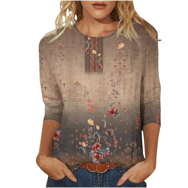 

Круглый вырез 3D этнический стиль ретро принтованный топ модные повседневные длинные рукава женские футболки 5XL