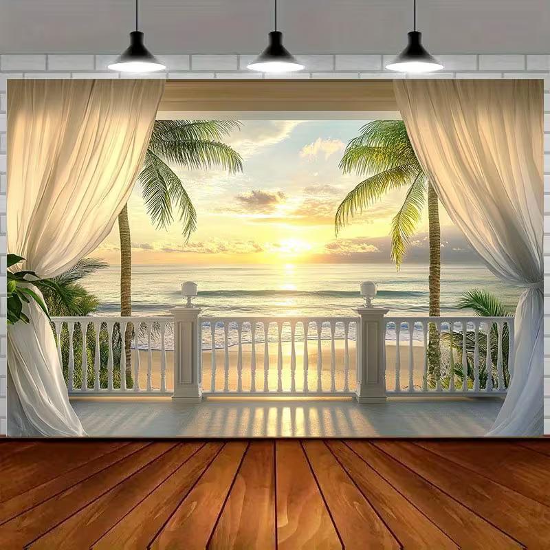 2D Flat Print Beach Sunset Tapestry, Balcony with Curtain Ocean View Backdrop 47.2x31.5inch/120*80cm