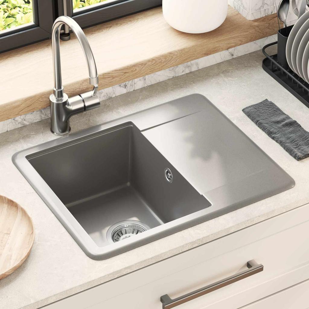 Grey Kitchen Sink 560 X 460 Mm Made of 80percent  Quartz and 20percent  Resin