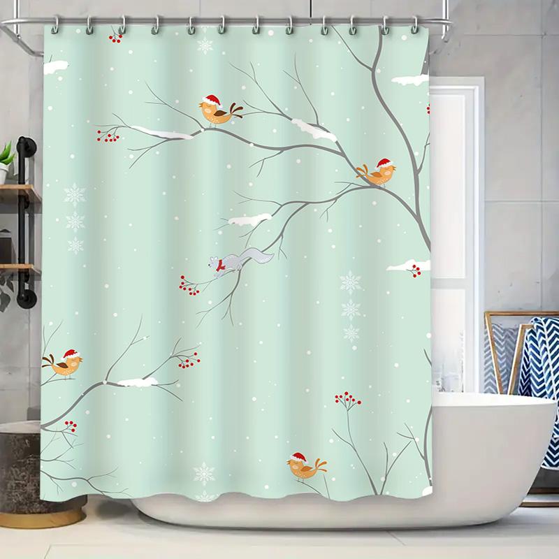 

Christmas-Themed Shower Curtain With Birdsholiday Decor For Bathroom, Waterproof Fabric, Washable Design Light Blue Color (#01) W60H190(CM)-1 Pcs