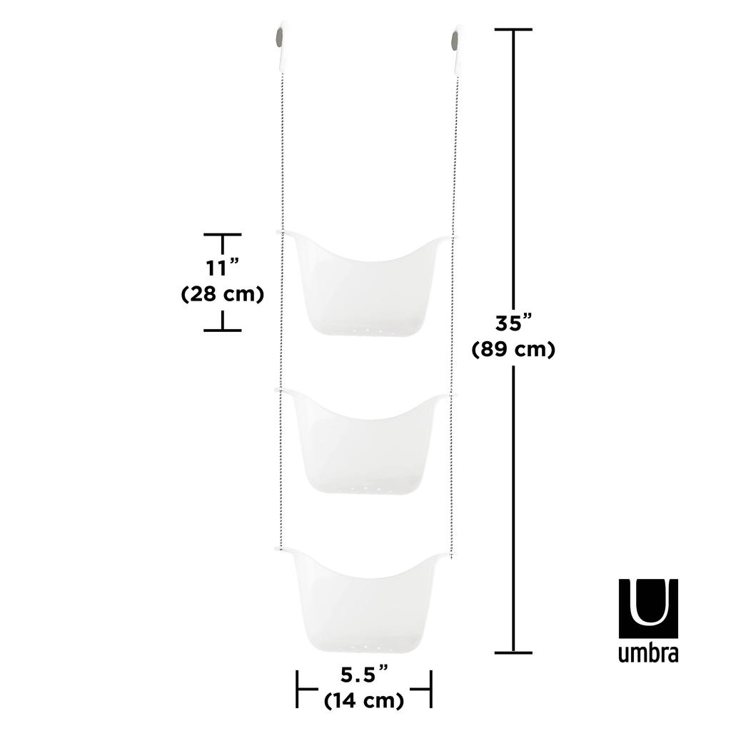 Umbra BASK SHOWER Hanging Shower No Drilling Bathroom 2022360670 CADDY, 3-Tier Rack, Required, Storage, Drainer, Clean, White/Nickel,
