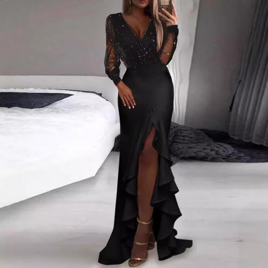 Sexy Bodycon Maxi Dress for Women V Neck Long Sleeve Mesh Sequin Dress Ruffle Side Split Wedding Guest Cocktail Party Dress