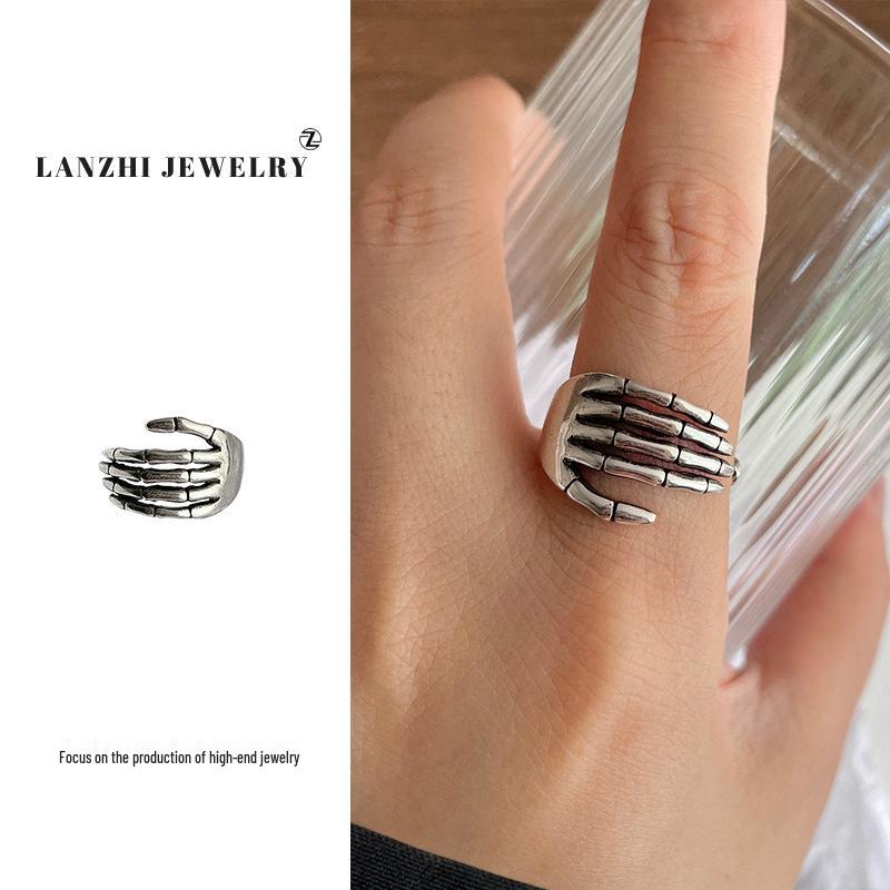 

Кольцо-череп из стерлингового серебра 925 пробы в стиле хип-хоп, открытое, для женщин - Панк-стиль, не тускнеет Adjustable Open Size