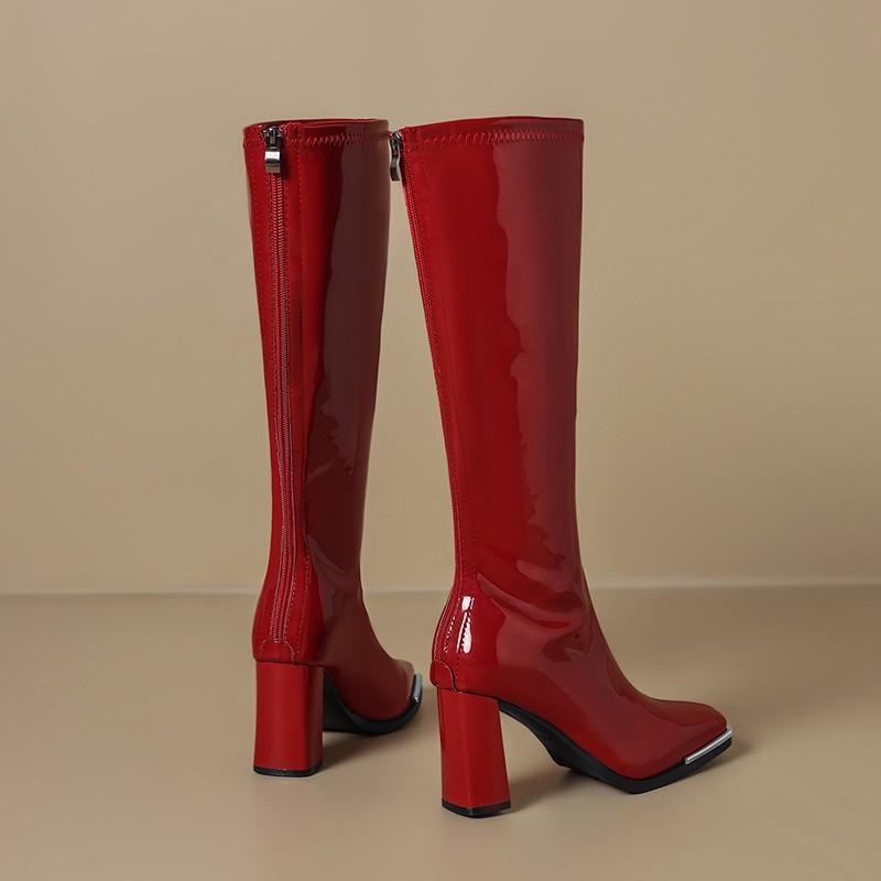 Knee High Boots Autumn New Square Toe Metal Head Guard Patent Leather Back Zip Non-Slip Block Heel Thigh Boots