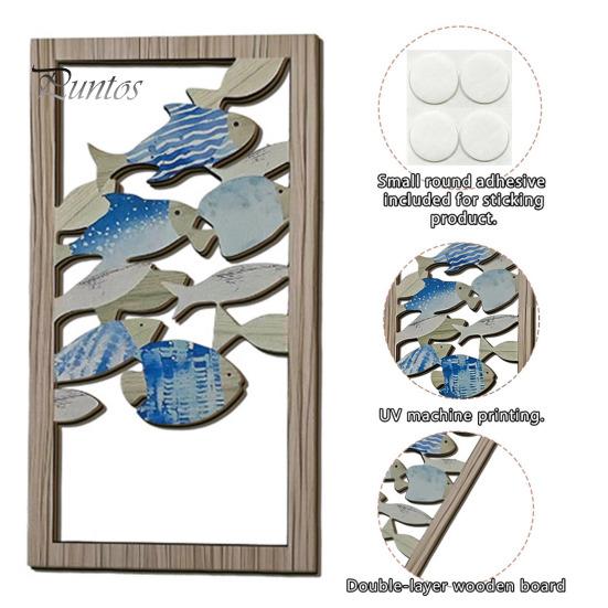 Three Dimensional Fish Relief Decorative Sign, Wooden Hollow Ocean Themed Wall Art, with Adhesive Rustic Plaques Tape No Drill for Living Room Bedroom