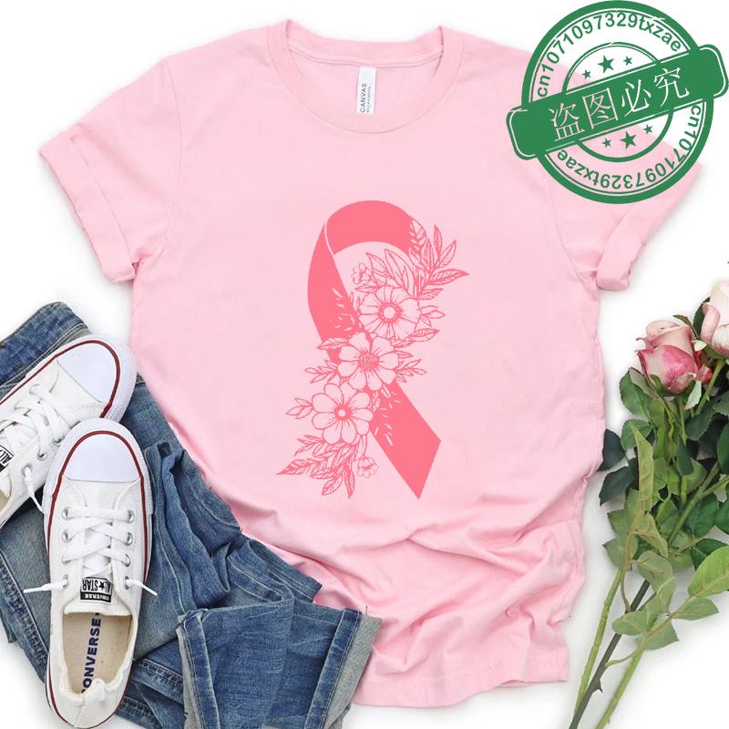 Breast Cancer Awareness Shirt Pink Ribbon Floral TShirts Support Cancer Fighter Womens Clothing Breast Cancer Survivor Tops