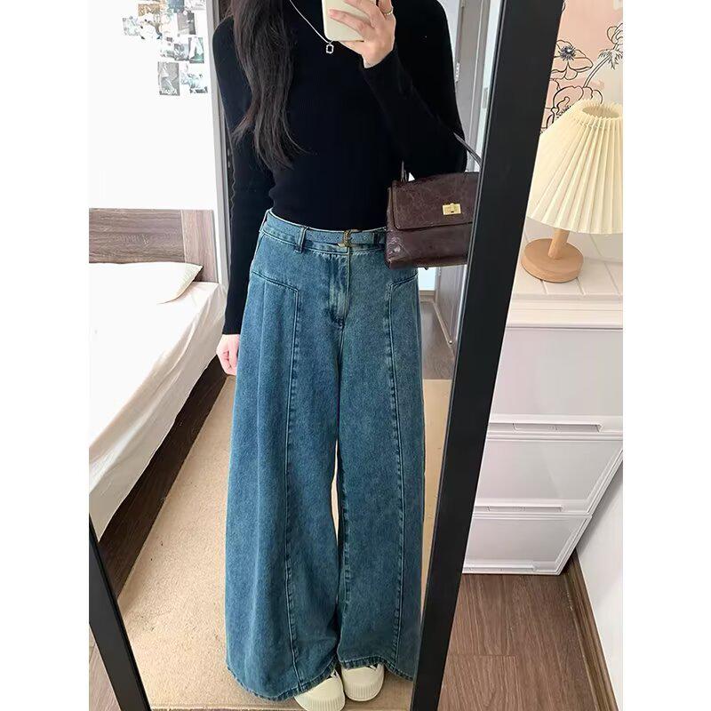 Hong Kong Retro Blue High Waist Wide Leg Floor-Length Jeans for Women