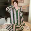 Fashion Ice Silk Thin Pajamas Women'S Spring High-End Silk Striped Cartoon Loungewear Long-Sleeved Two-Piece Set