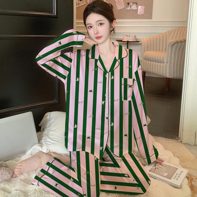 Fashion Ice Silk Thin Pajamas Women'S Spring High-End Silk Striped Cartoon Loungewear Long-Sleeved Two-Piece Set