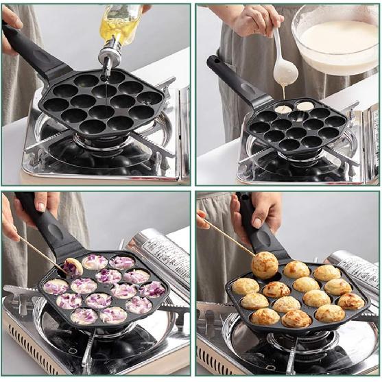Takoyaki Pan, 14 Holes Aluminum Alloy Aebleskiver Maker NonStick Cooking Baking Cake Mold Tool for Japanese Taiyaki StuffedPancake Appam Paniyaram